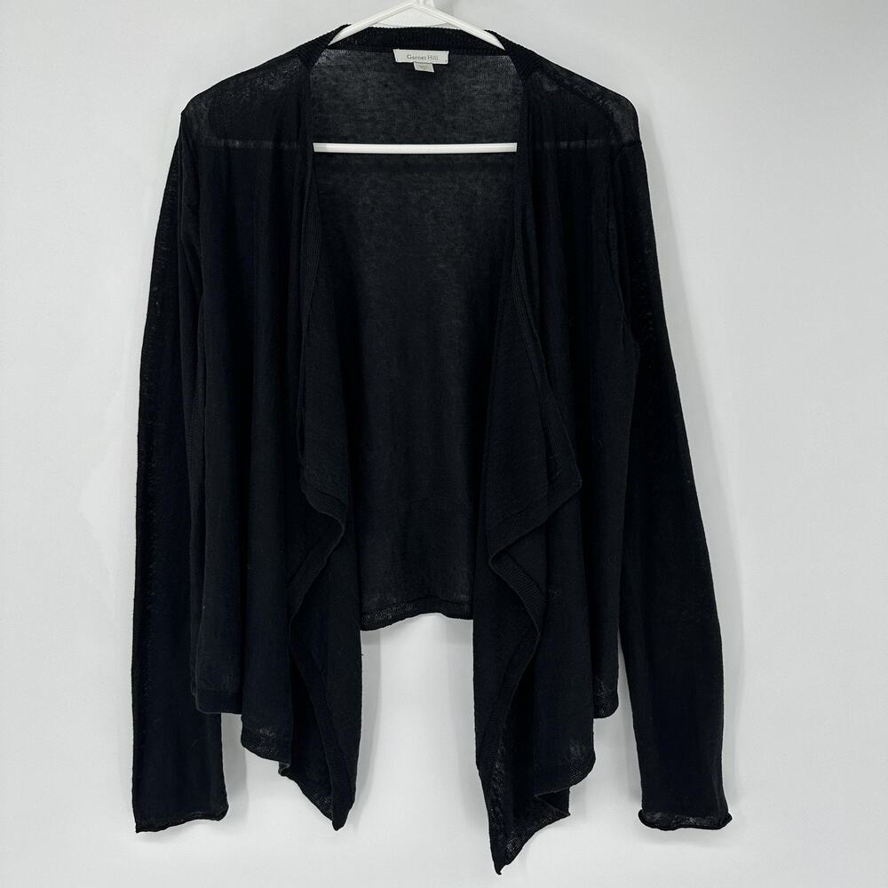 Garnet Hill Womens MEDIUM  Black 100% Linen Open Front Cardigan Draped Sweater
